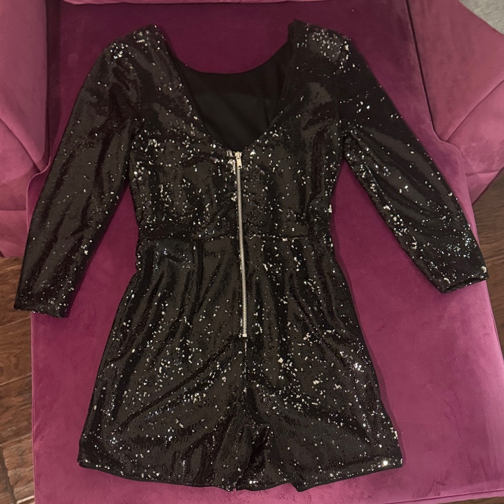 Miss Selfridge Black Sequin Long Sleeve Romper Dress Shorts Dressy Cocktail 6 - Picture 9 of 11